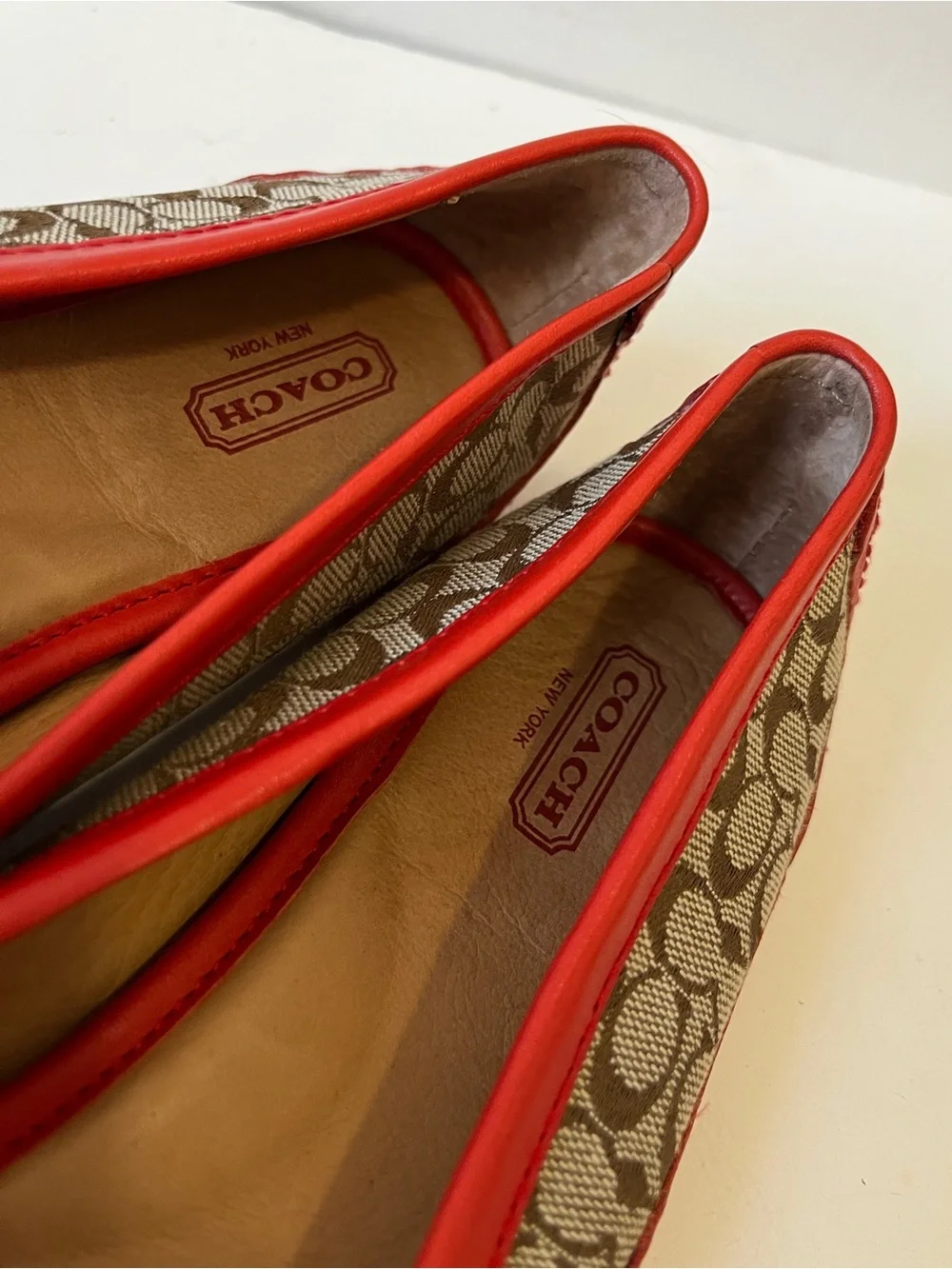 Coach Brown Signature Canvas Ballet Flats with Red Trim & Bow size 8.5B